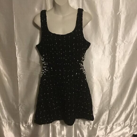 Black Texture Tweed  Weave Cutout Mini Dress With Faux Pearls L - Picture 9 of 16
